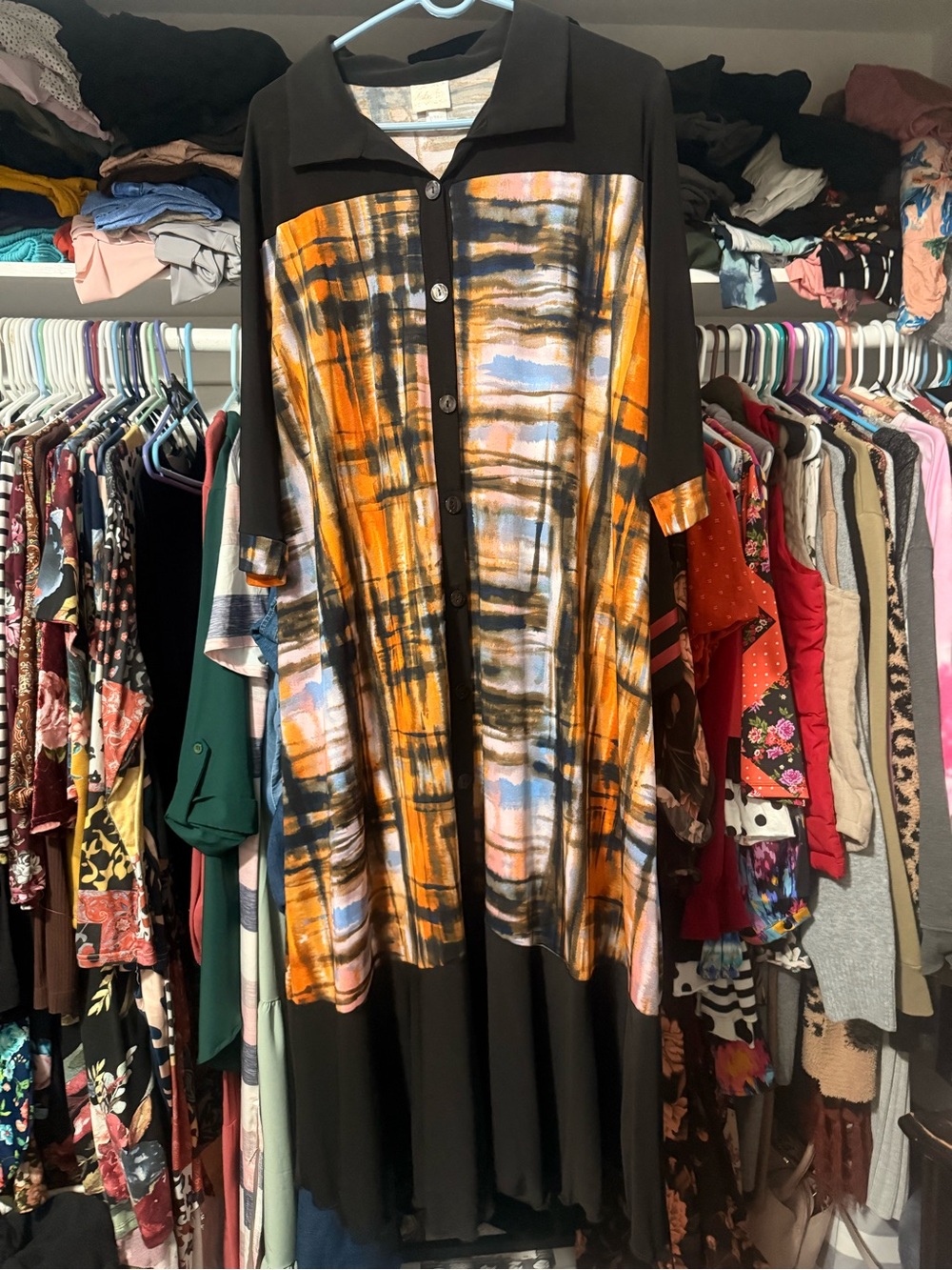 Zaide D's Black Dress with Orange & Light Blue Abstract Print